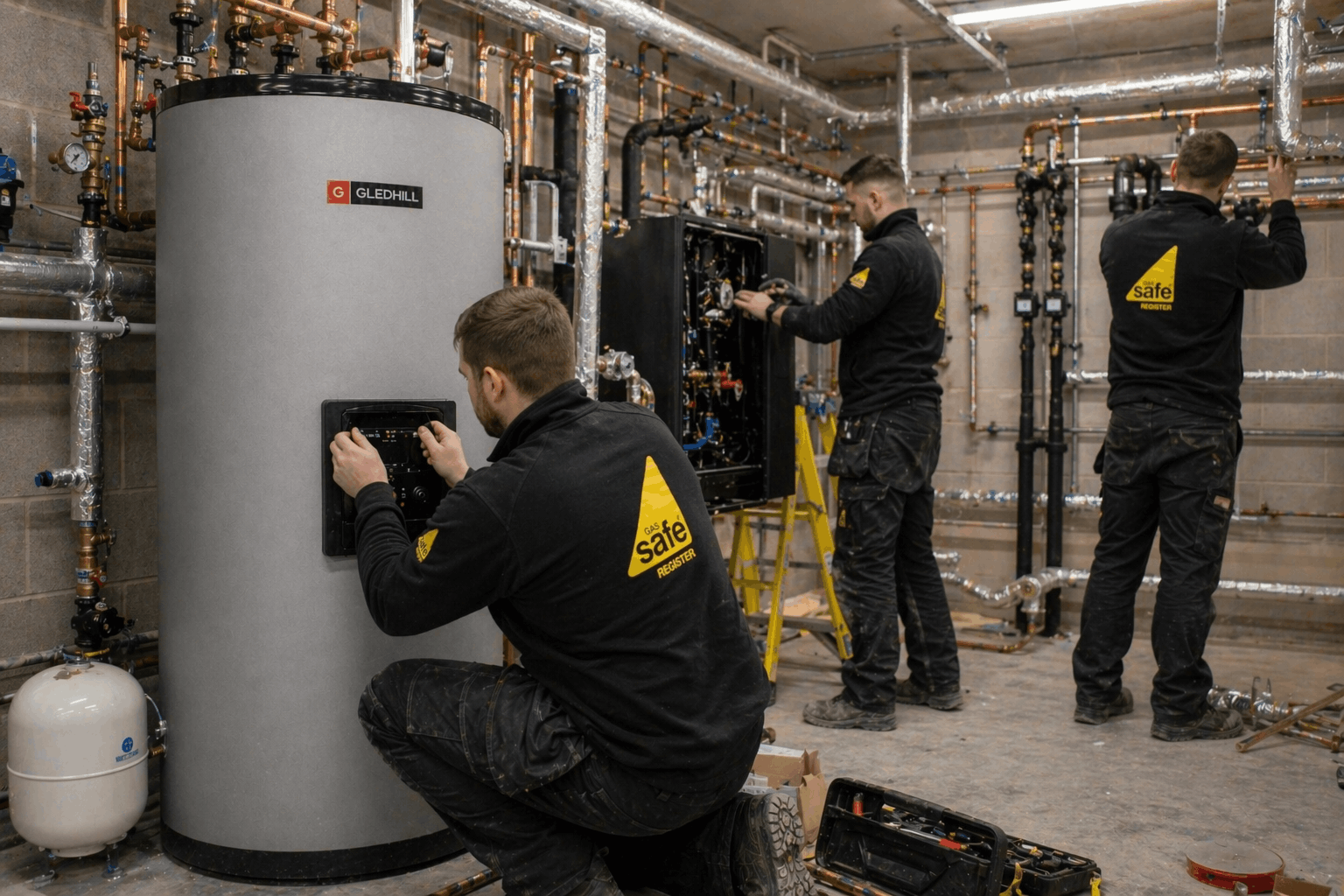 Professional hot water installation team working on commercial project in Haverhill