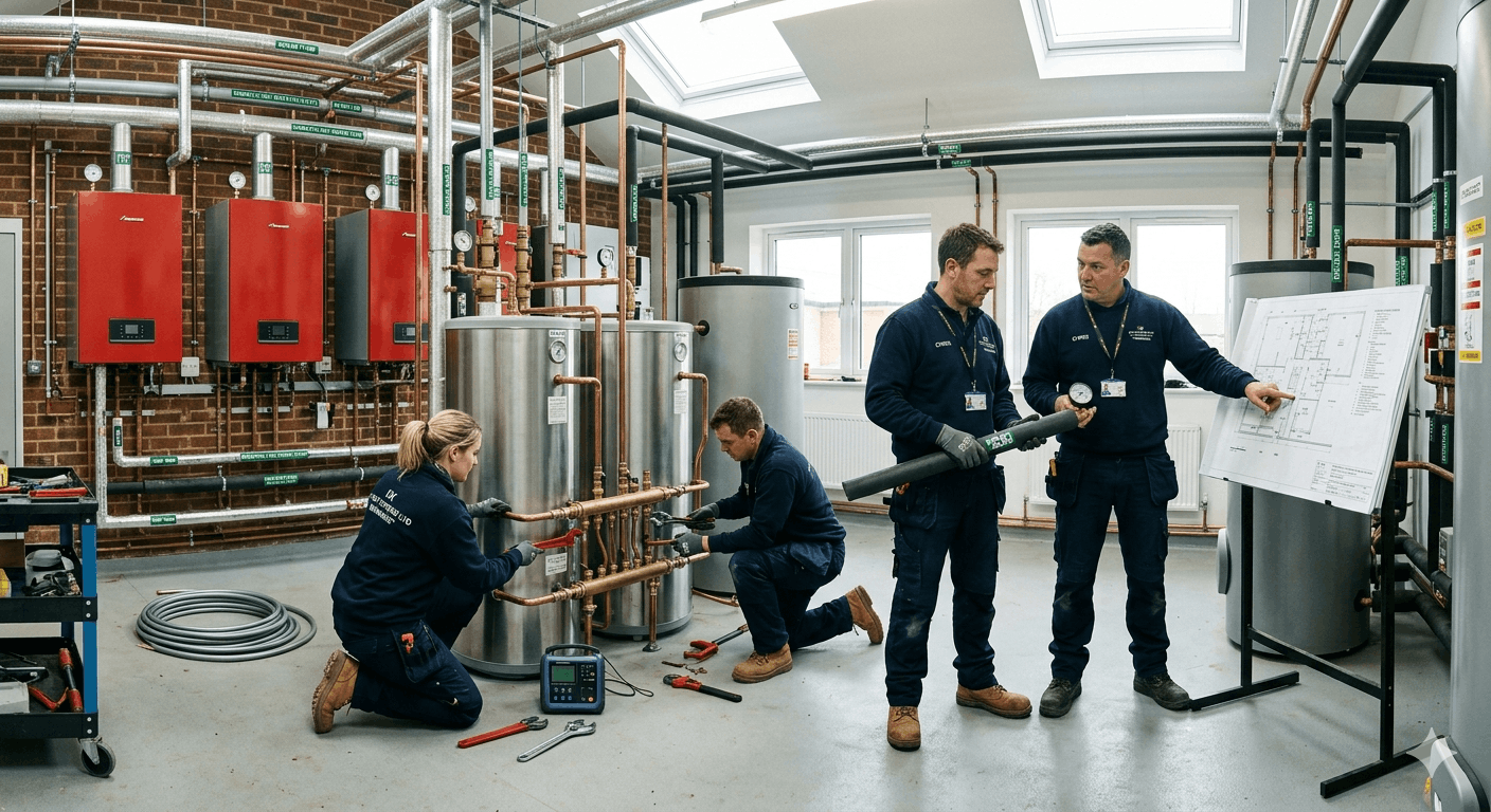 Anglian PHE installation team fitting commercial hot water system in Newmarket
