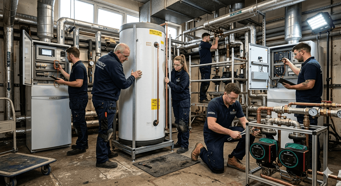 Anglian PHE installation team completing commercial hot water system project in Saffron Walden business