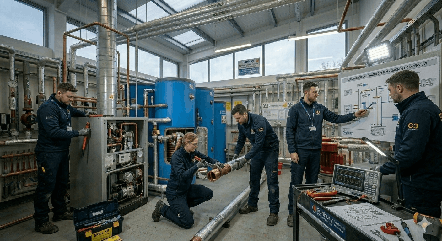 Professional commercial hot water installation team working on cylinder installation in Sudbury premises