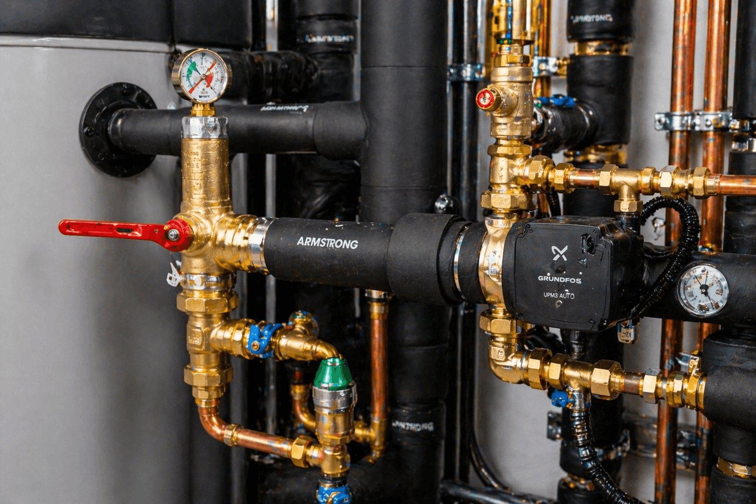 Detailed view of hot water pipe connections and fittings in commercial installation in Braintree