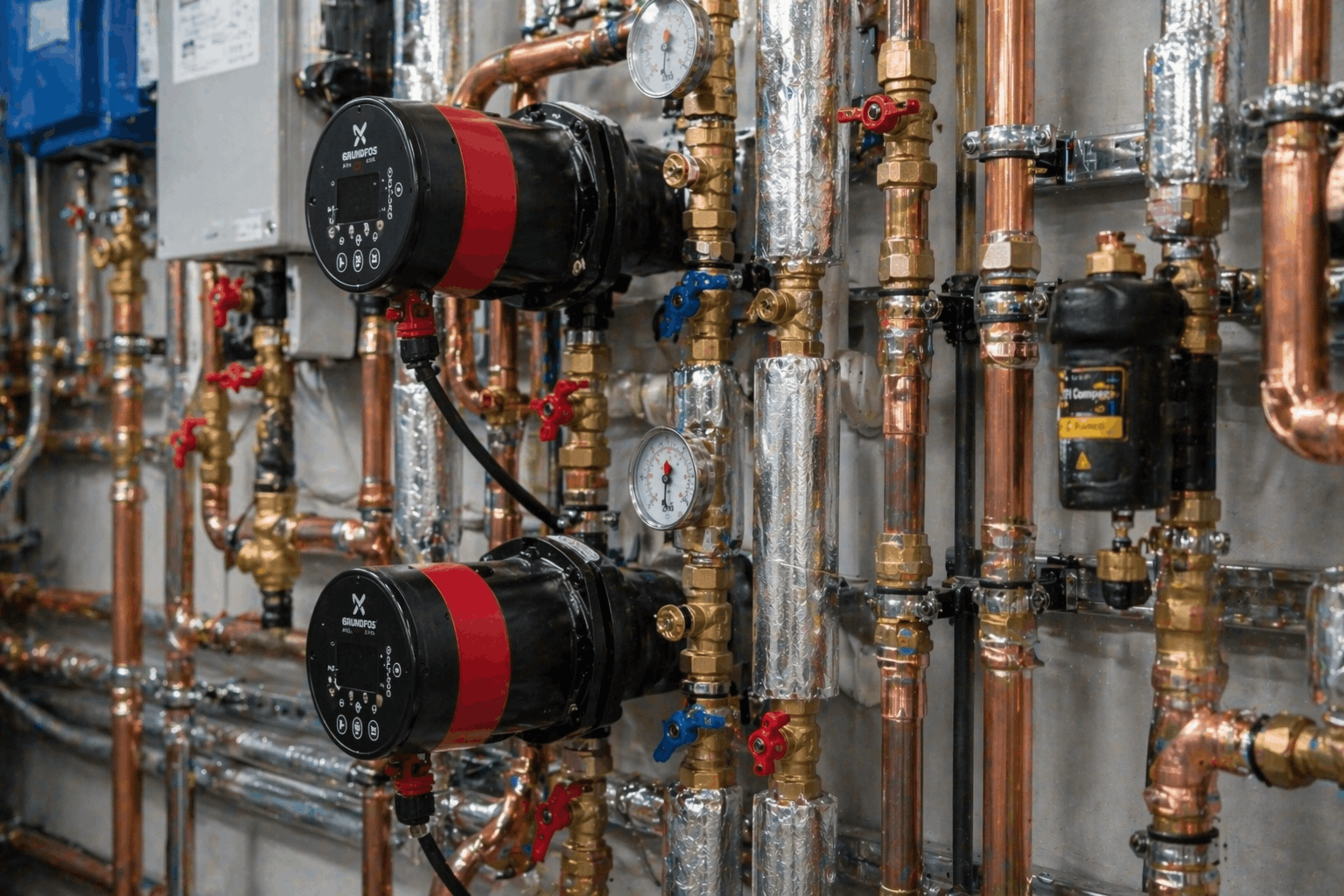Detailed pipework installation for commercial hot water distribution system in Bury St Edmunds