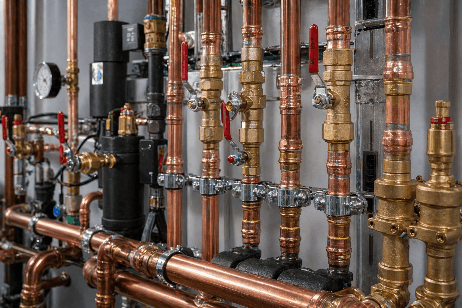 Close-up detail of commercial hot water pipework installation showing quality craftsmanship in Colchester
