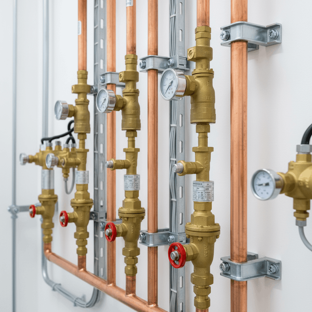 Detailed commercial hot water pipework installation showing quality workmanship in Halstead