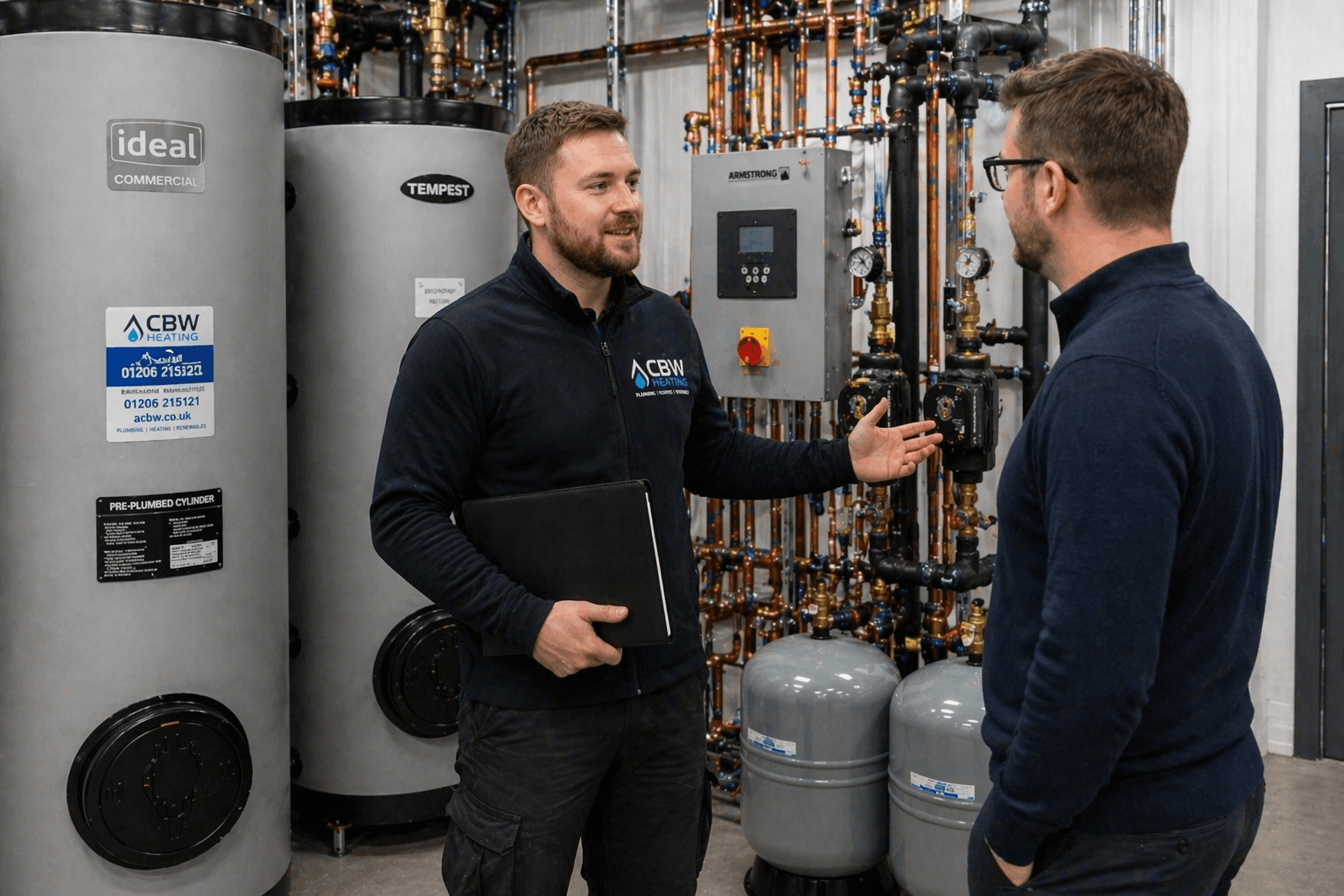 Commercial hot water system consultation between Anglian PHE engineer and Colchester business client
