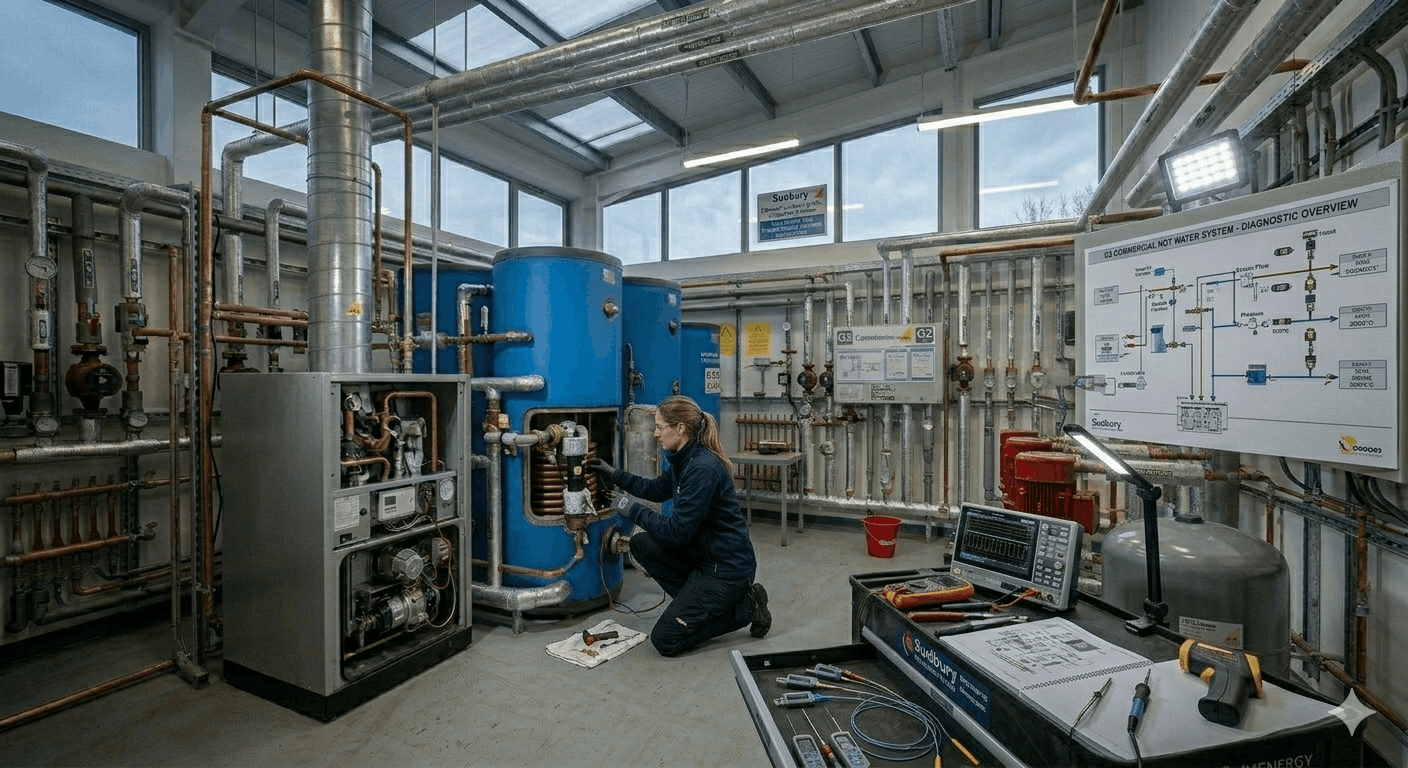 Commercial heating engineer performing diagnostic testing on hot water system in Sudbury plant room