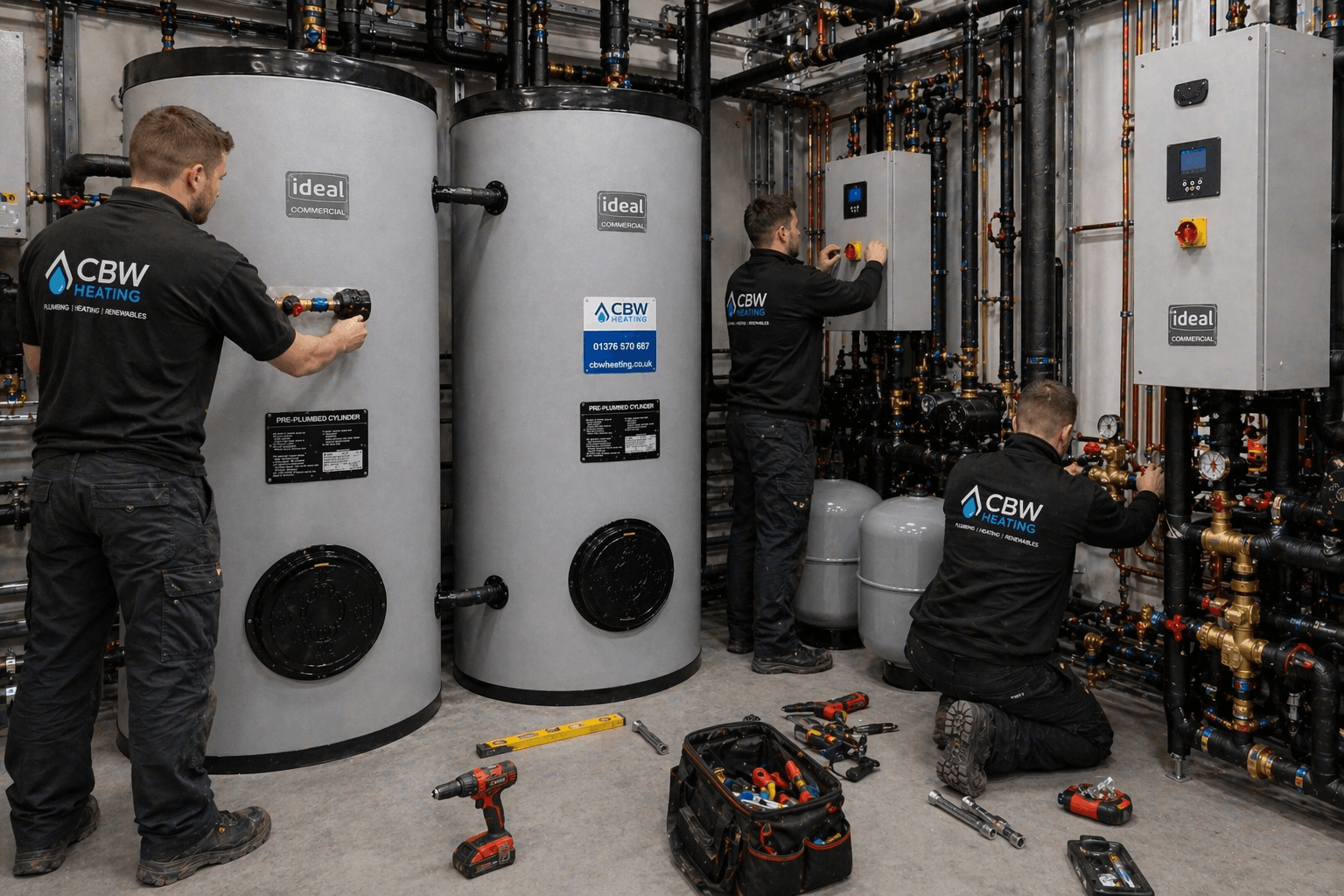 Professional installation crew fitting commercial hot water system in Braintree business premises