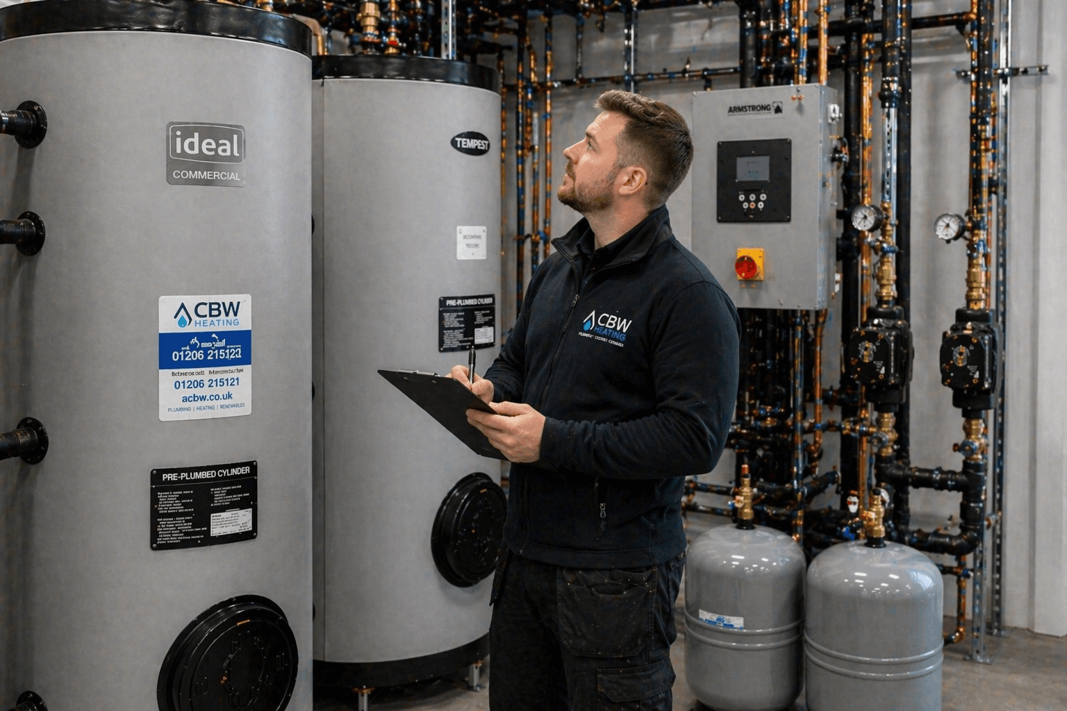 Engineer conducting thorough hot water tank assessment and inspection in Braintree commercial property