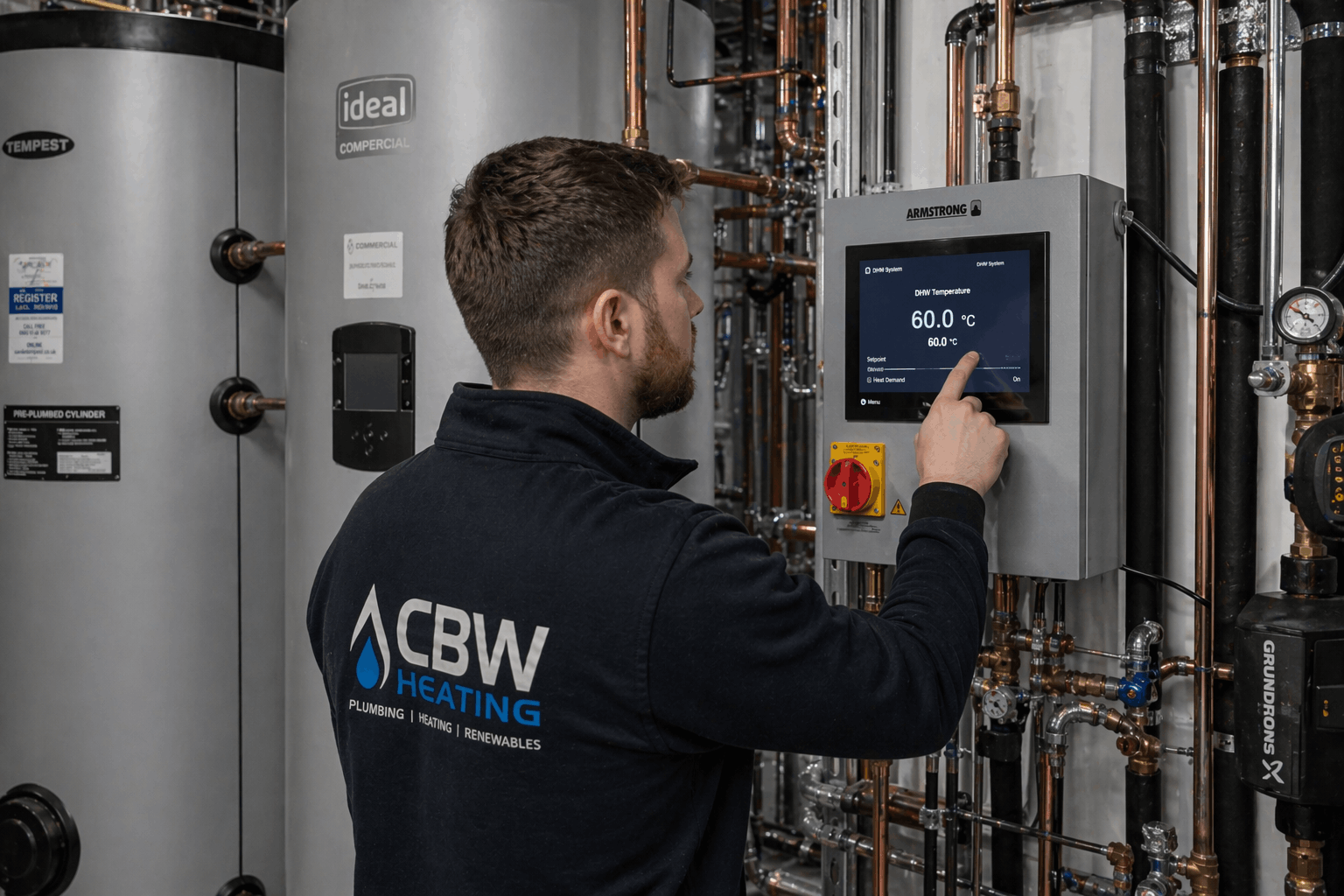 Commercial hot water temperature control panel showing digital monitoring in Colchester installation