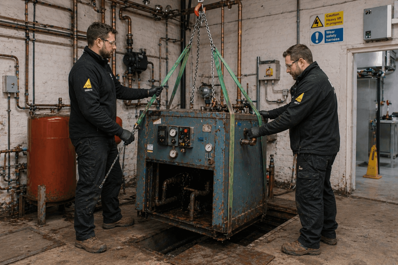 Industrial boiler removal stage during commercial heating system replacement in Sudbury