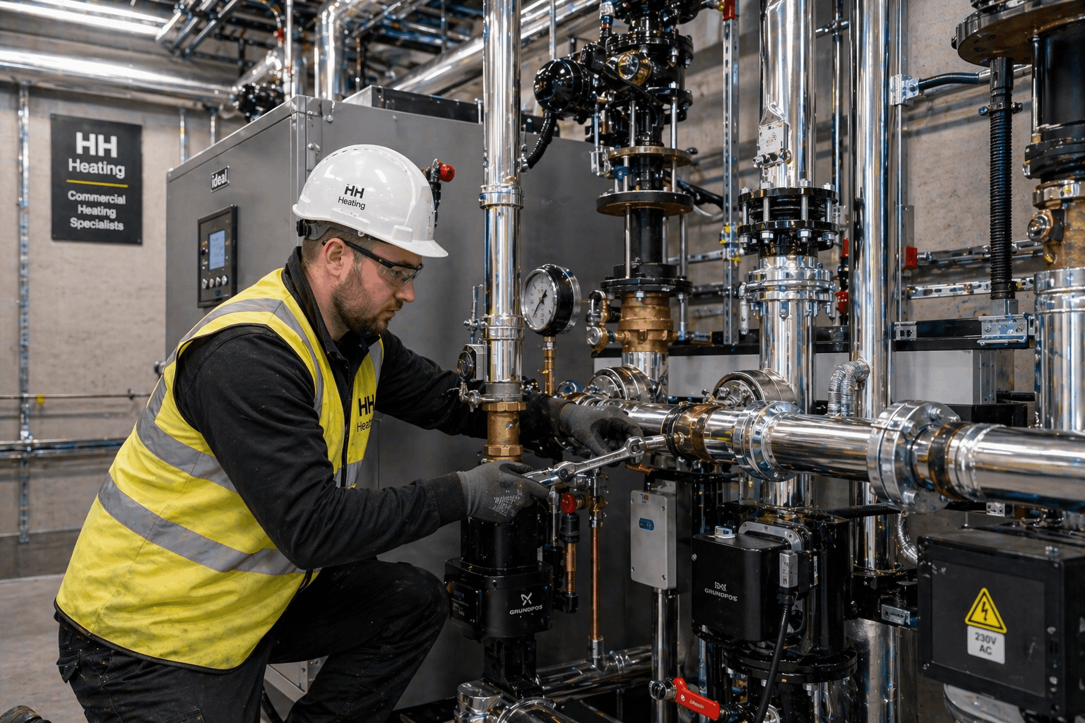Industrial heating system assembly during commercial boiler installation in Great Dunmow
