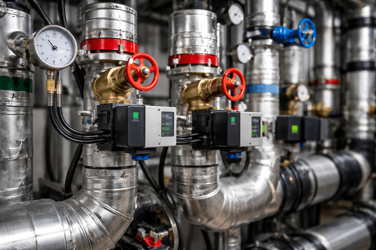 Industrial heating valve network and pipework in commercial plant room serviced by Anglian PHE Ltd in Saffron Walden