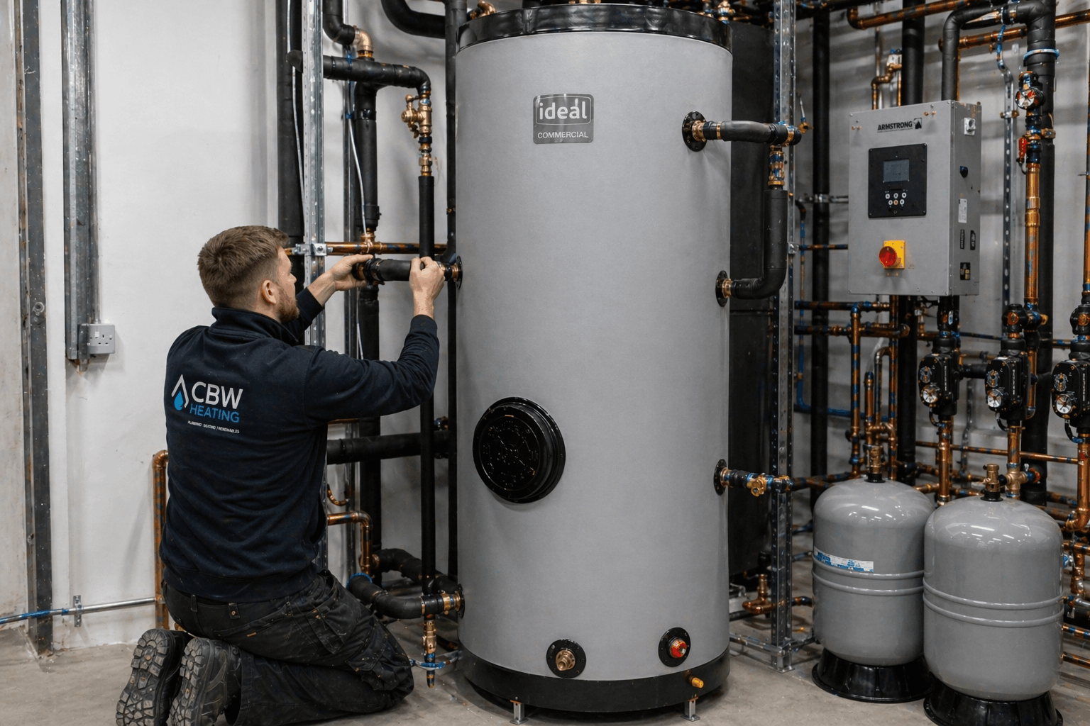Industrial-grade hot water cylinder being professionally fitted in Braintree manufacturing facility