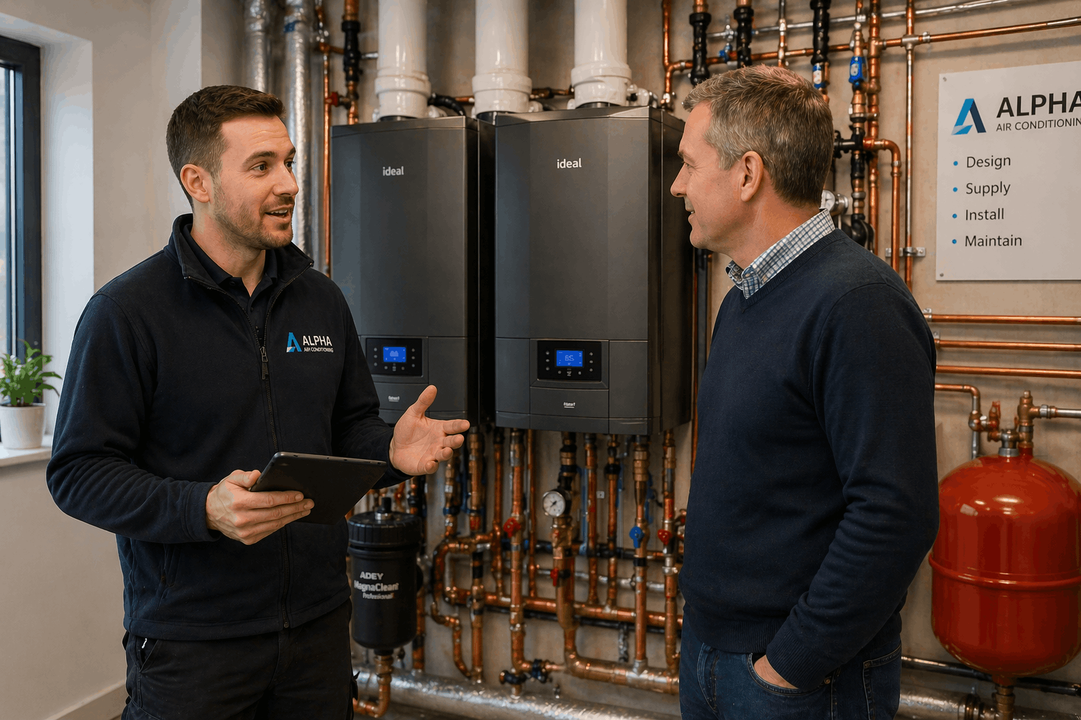 Commercial boiler installation consultation meeting between Anglian PHE engineer and Braintree business client