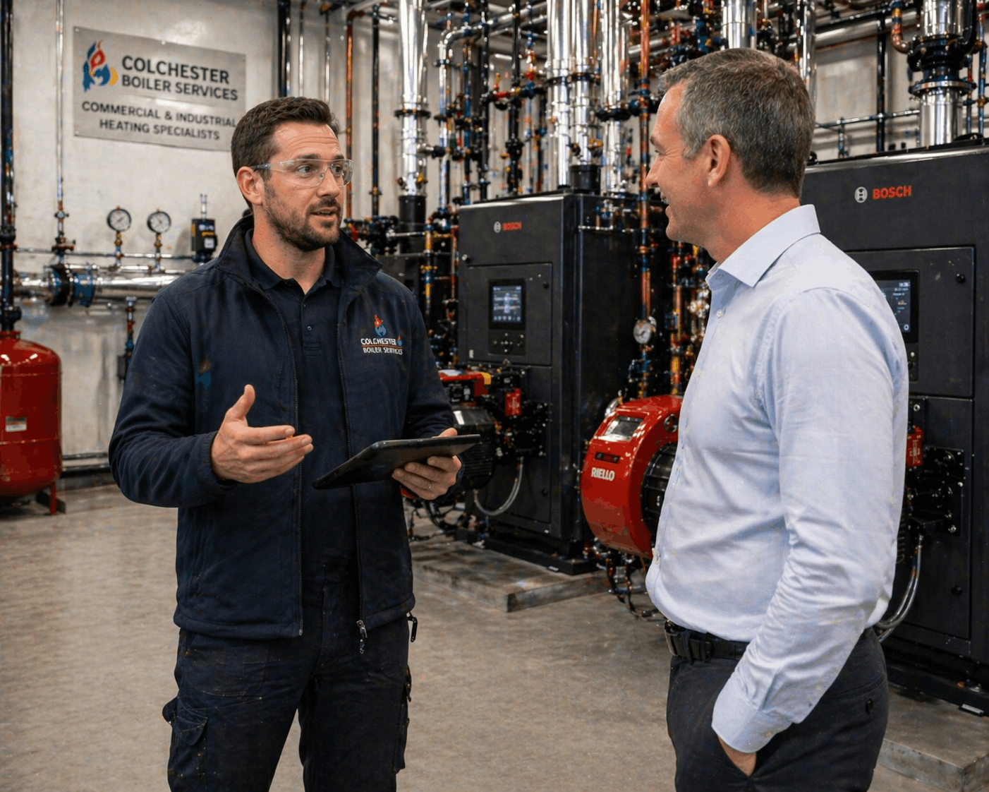 Commercial boiler installation service consultation with Colchester business client