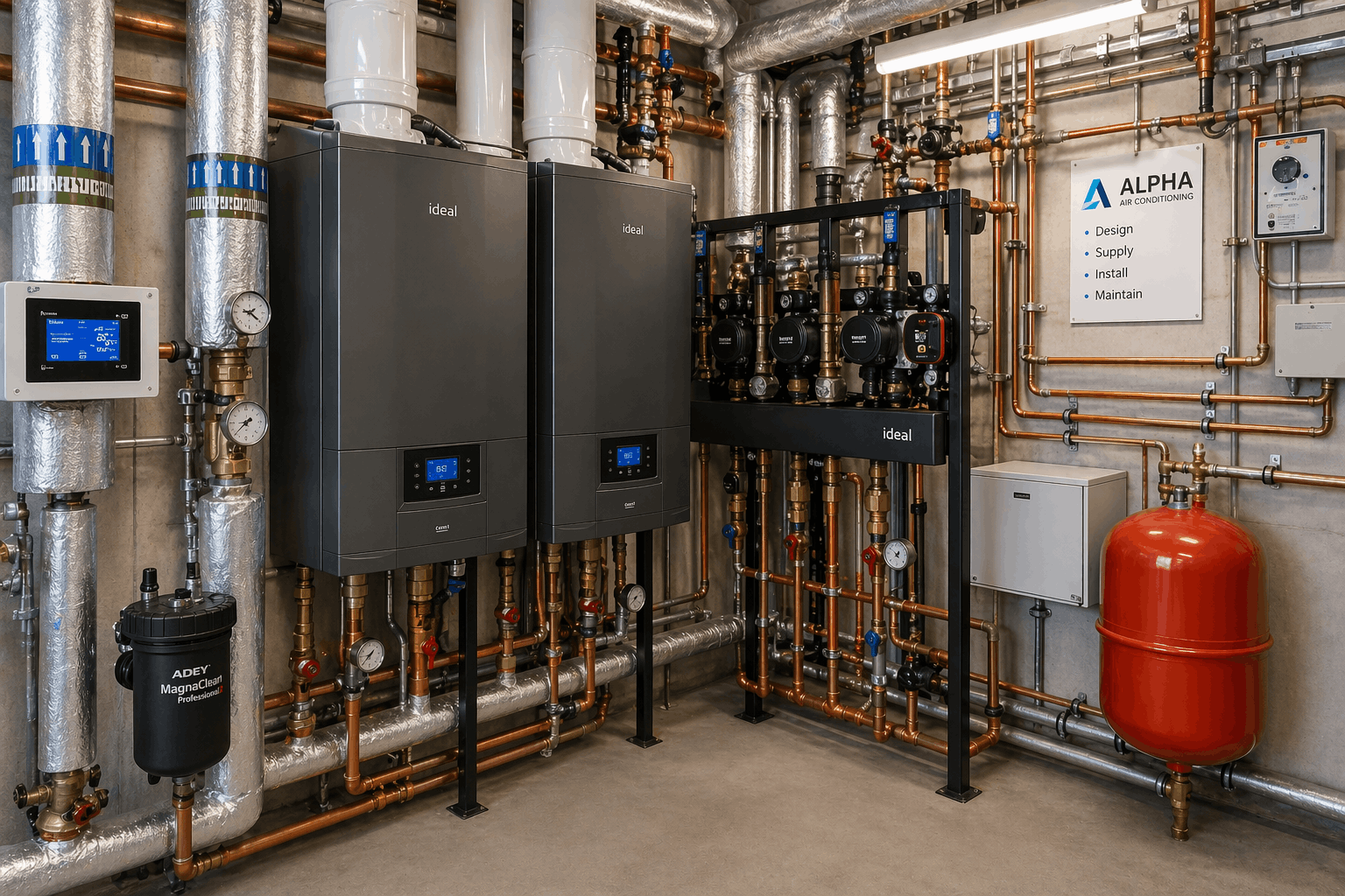 Newly installed commercial boiler system in Braintree business premises completed by Anglian PHE Ltd professional engineers