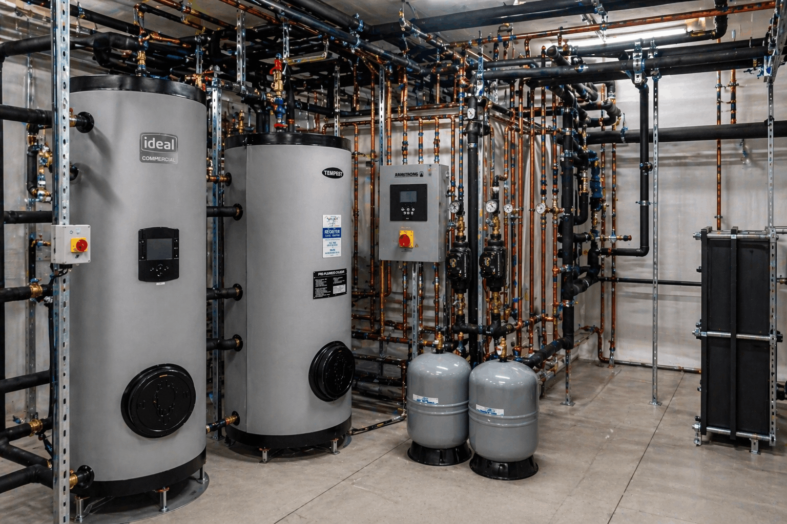 Completed commercial hot water system installation in Colchester business showing modern cylinders and controls