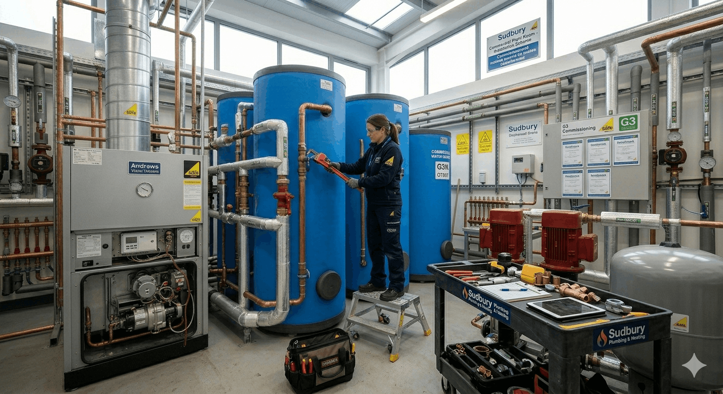 Large commercial hot water cylinder installation in Sudbury business premises plant room