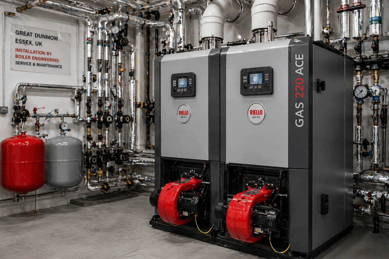Modern commercial boiler setup installed by Anglian PHE Ltd for Great Dunmow business client