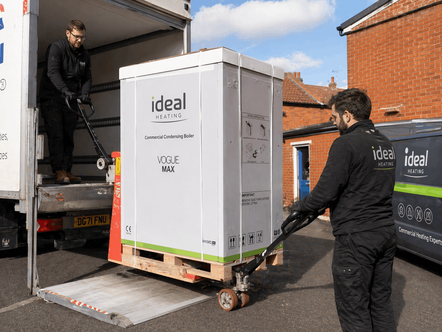 New commercial boiler equipment delivery to Great Dunmow business premises for replacement installation project