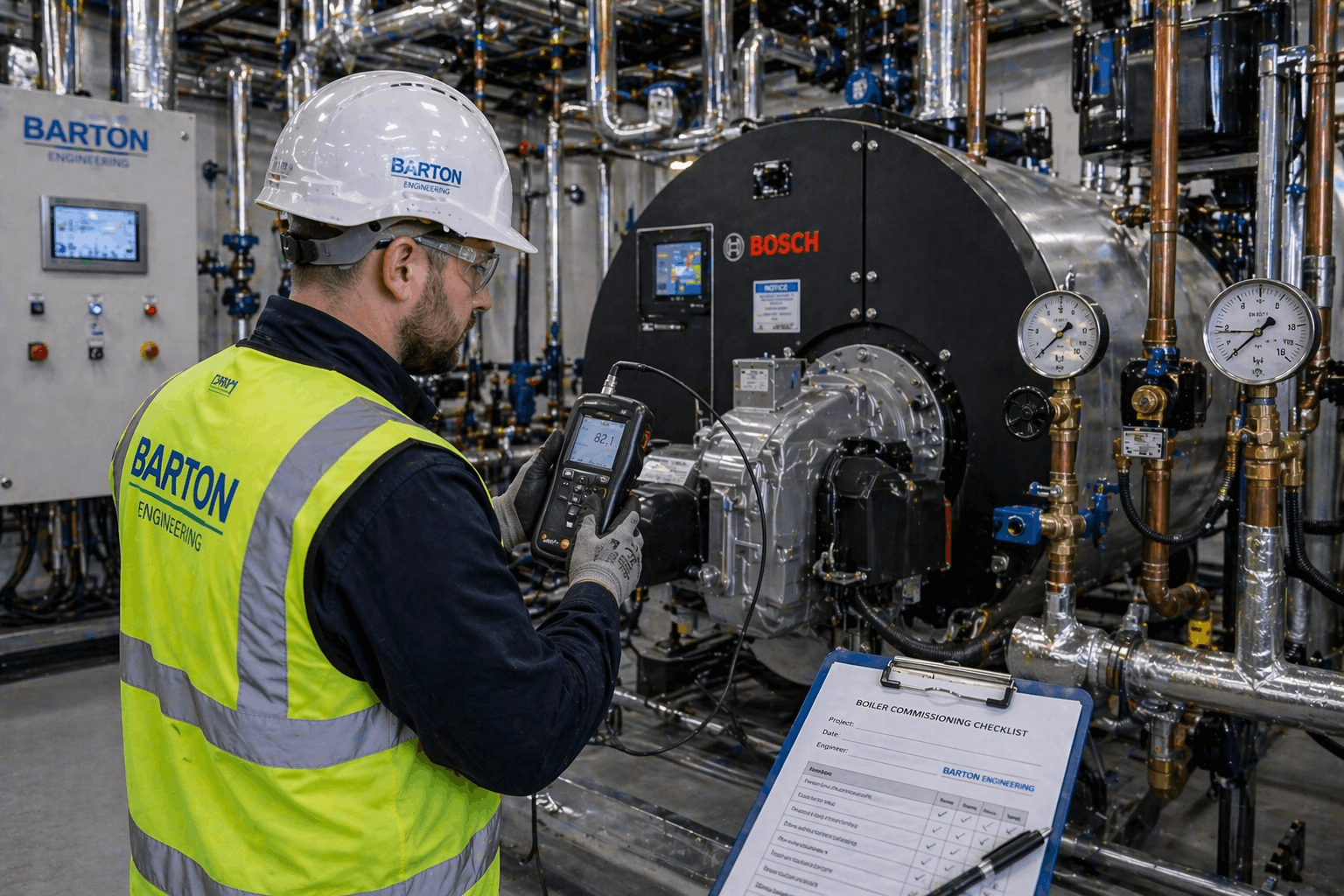 Commercial boiler system testing and commissioning in Braintree showing engineer performing safety checks