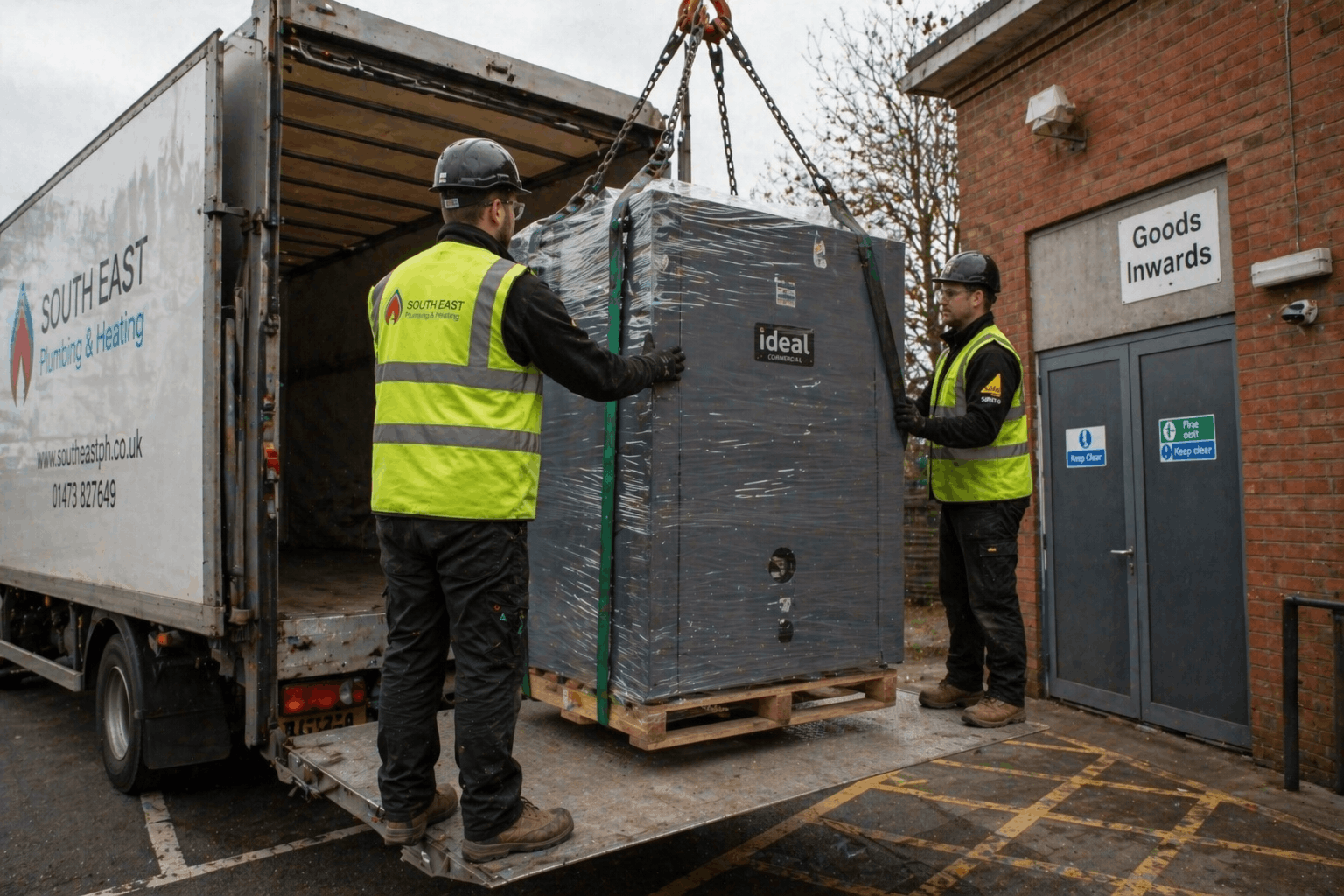 Delivery of new commercial heating unit to business premises in Bury St Edmunds by Anglian PHE Ltd