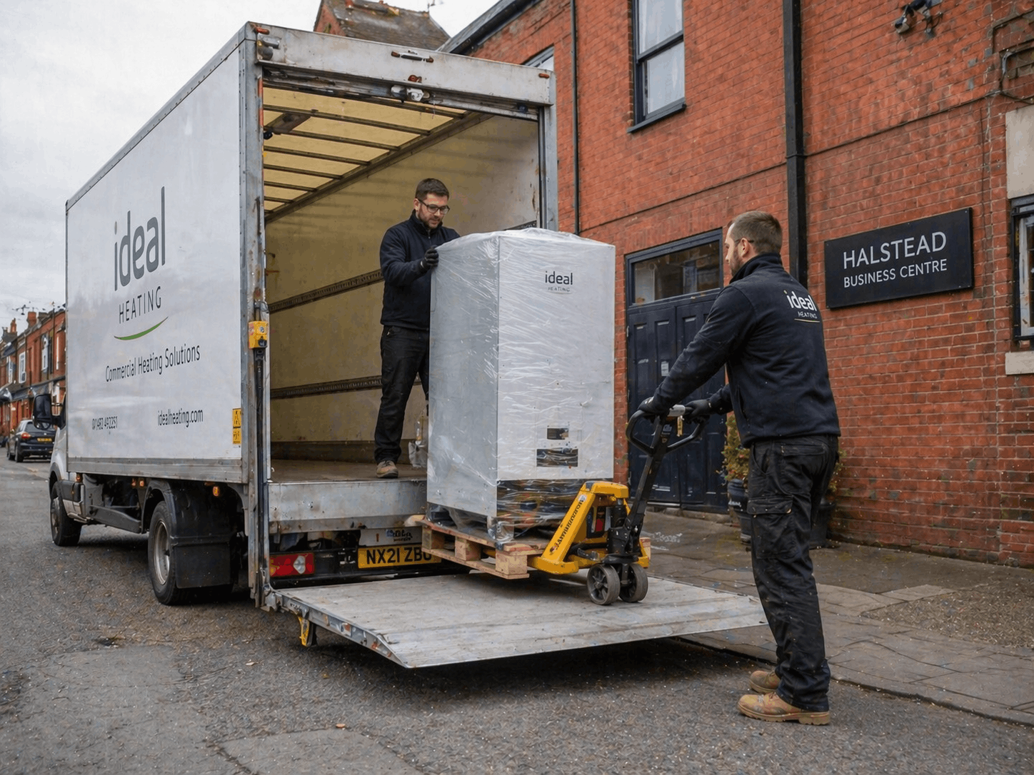 New commercial heating unit delivery arriving for replacement installation at Halstead site
