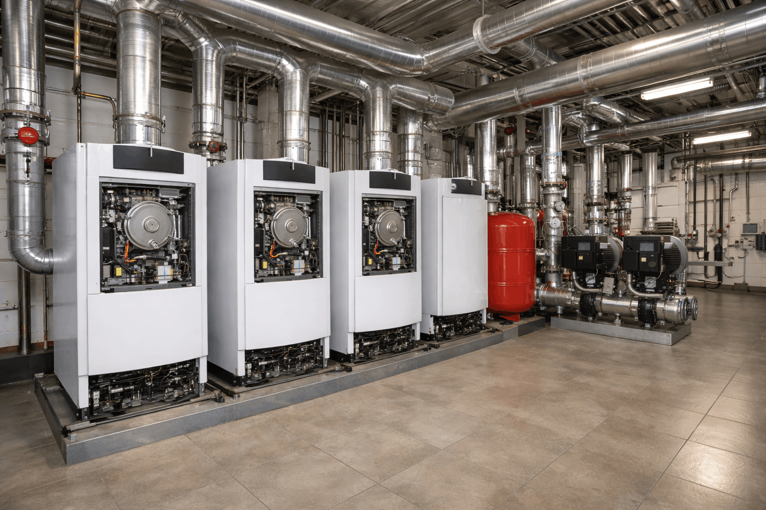 Commercial boiler system room in Newmarket business premises showing professional installation