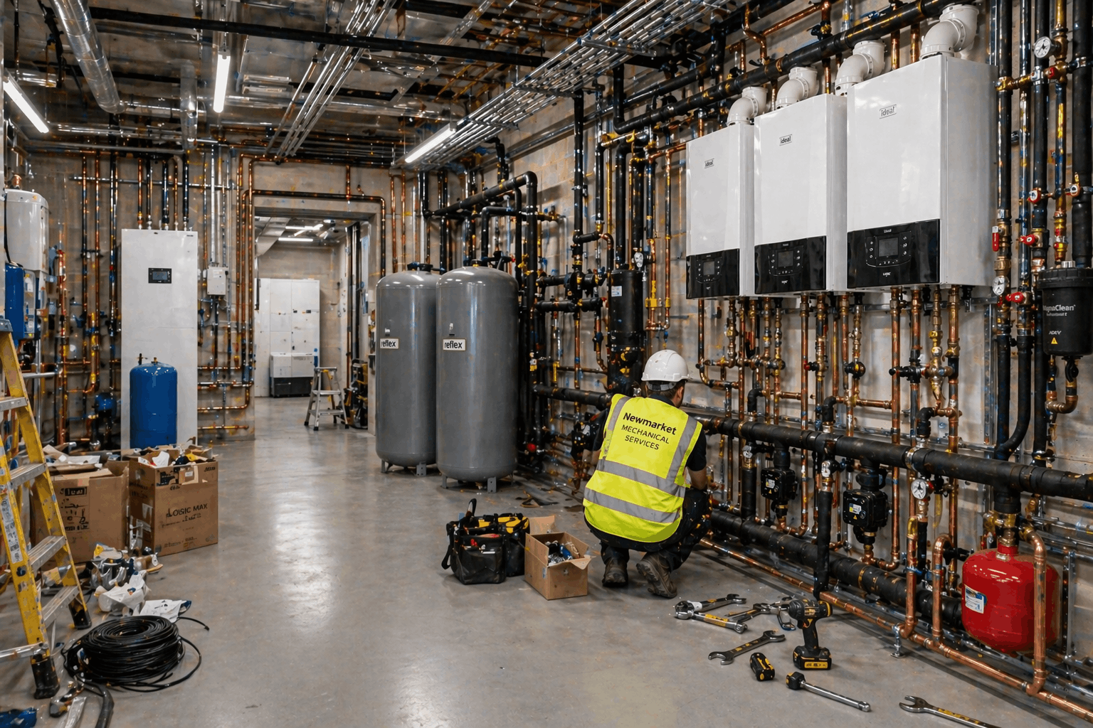 Large-scale commercial heating plant installation scene at Newmarket industrial facility