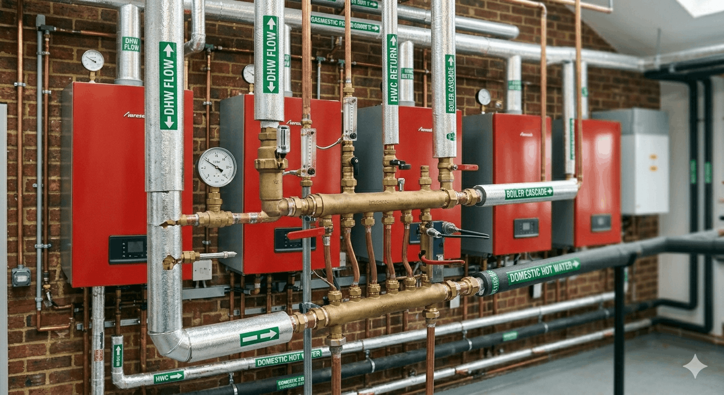 Detailed pipework installation for commercial hot water distribution in Newmarket