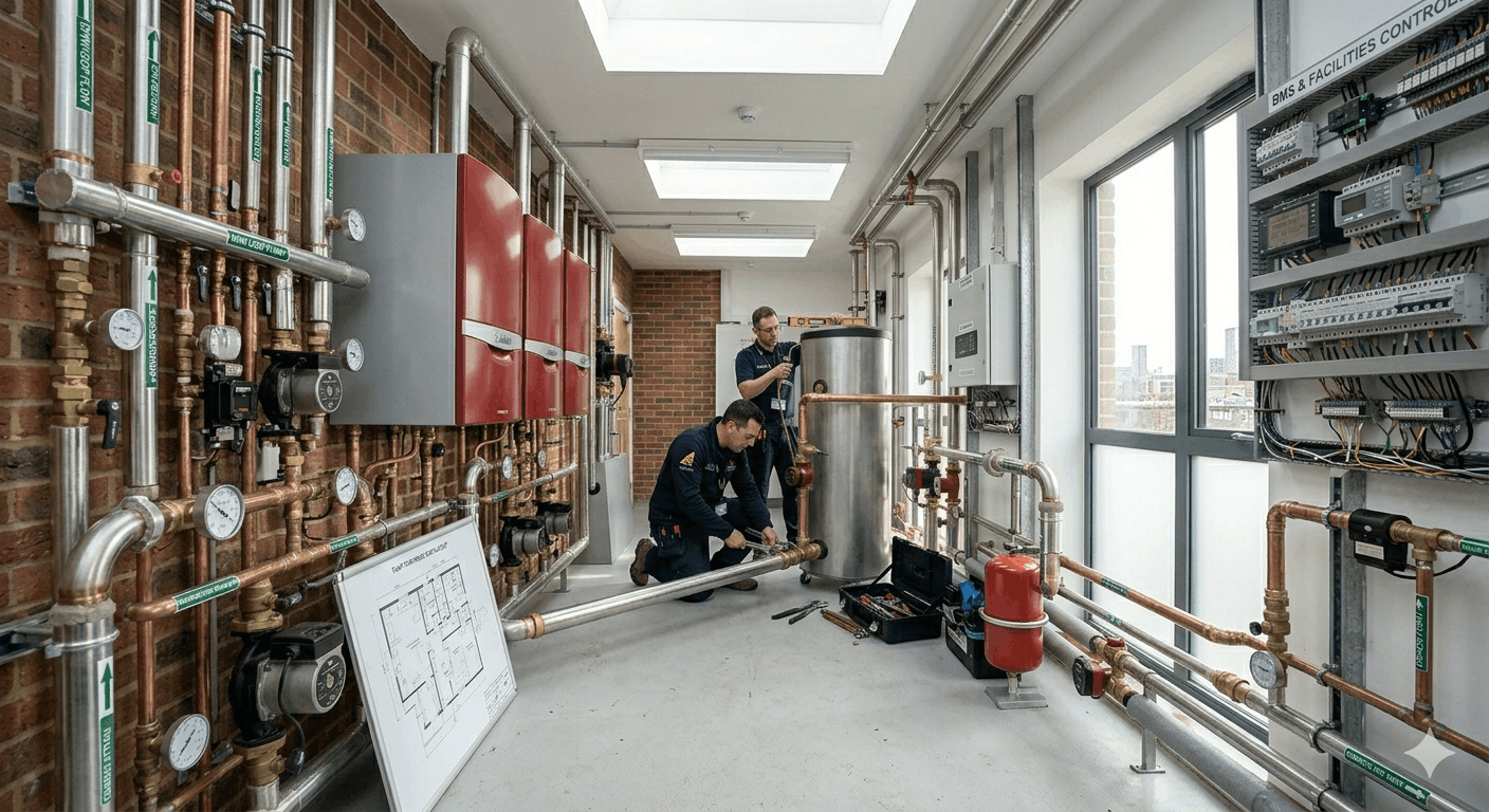 Commercial hot water plant room layout and equipment in Newmarket facility