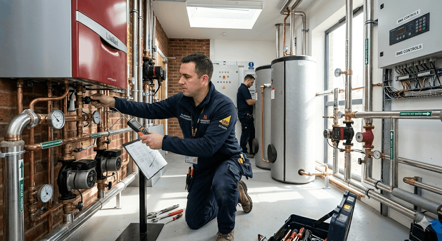 Engineer reviewing commercial hot water tank system performance in Newmarket