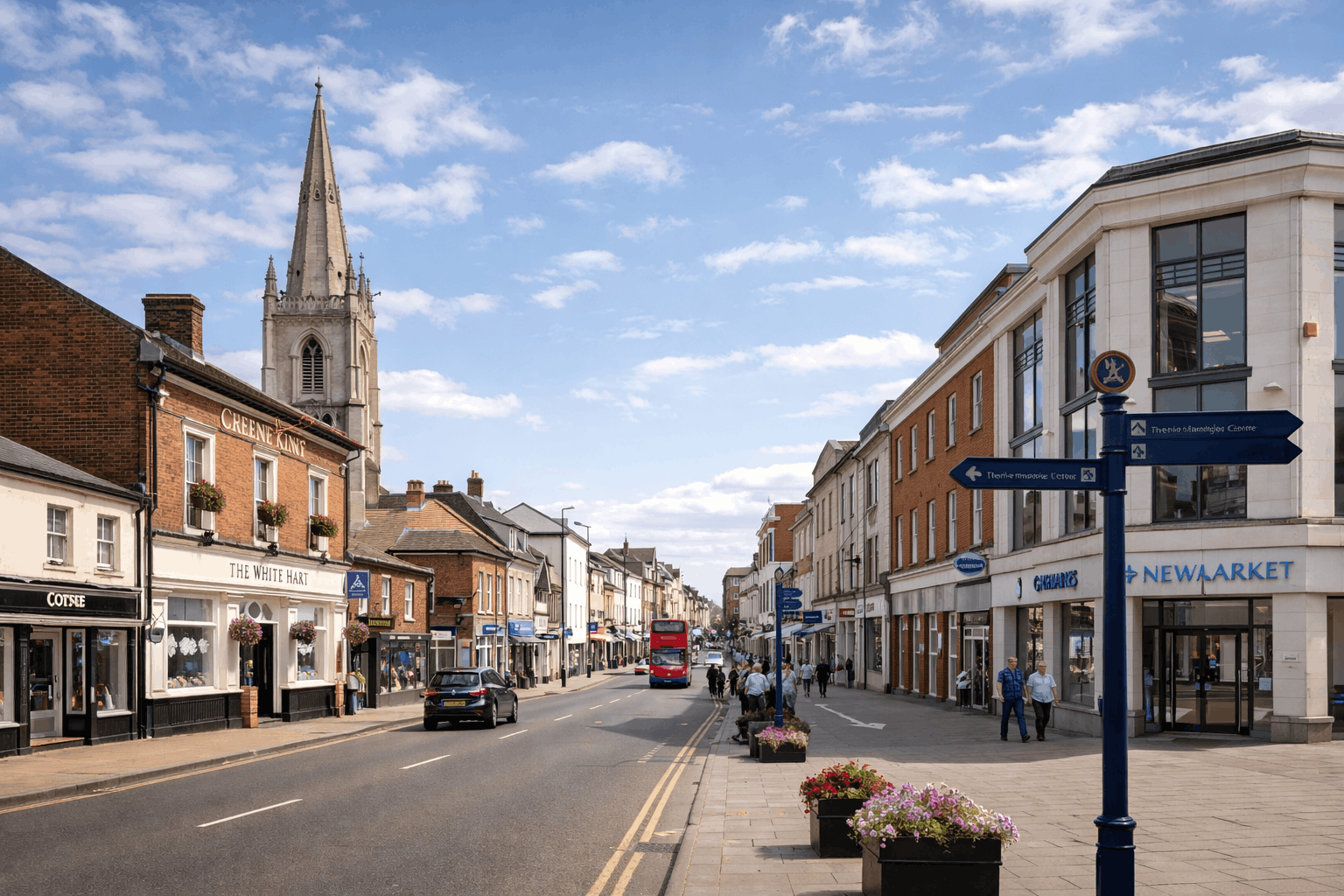 Newmarket town centre scene showing local area served by Anglian PHE commercial heating services
