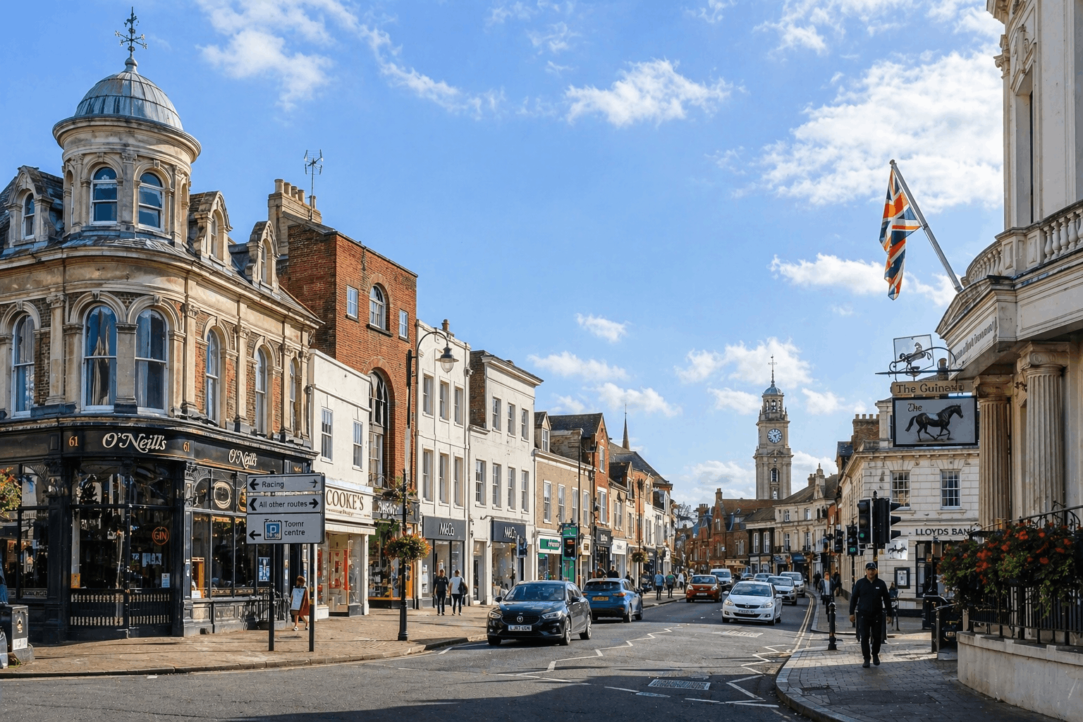 Newmarket town centre commercial buildings overview showing range of properties served by Anglian PHE heating services