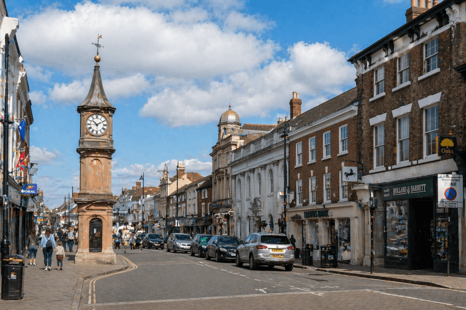 Newmarket town commercial district showing typical East Anglia business properties requiring heating installation