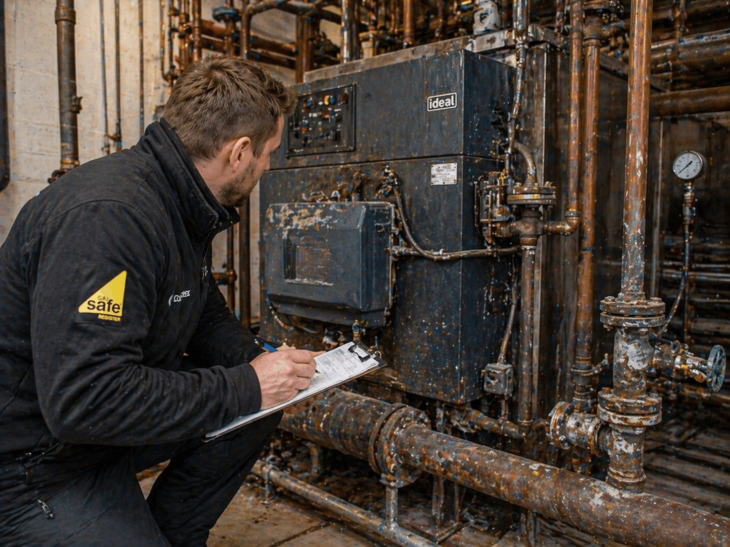 Engineer evaluating old heating system before commercial boiler replace Haverhill