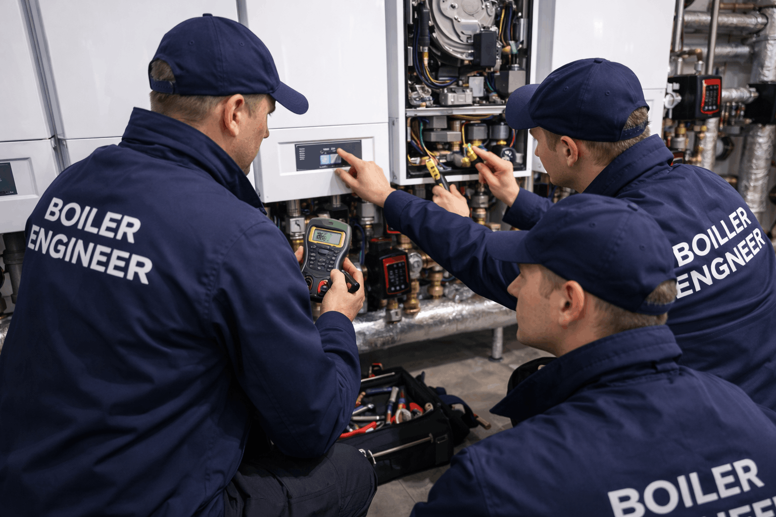 Professional on-site heating engineering team conducting commercial boiler repair in Sudbury business premises