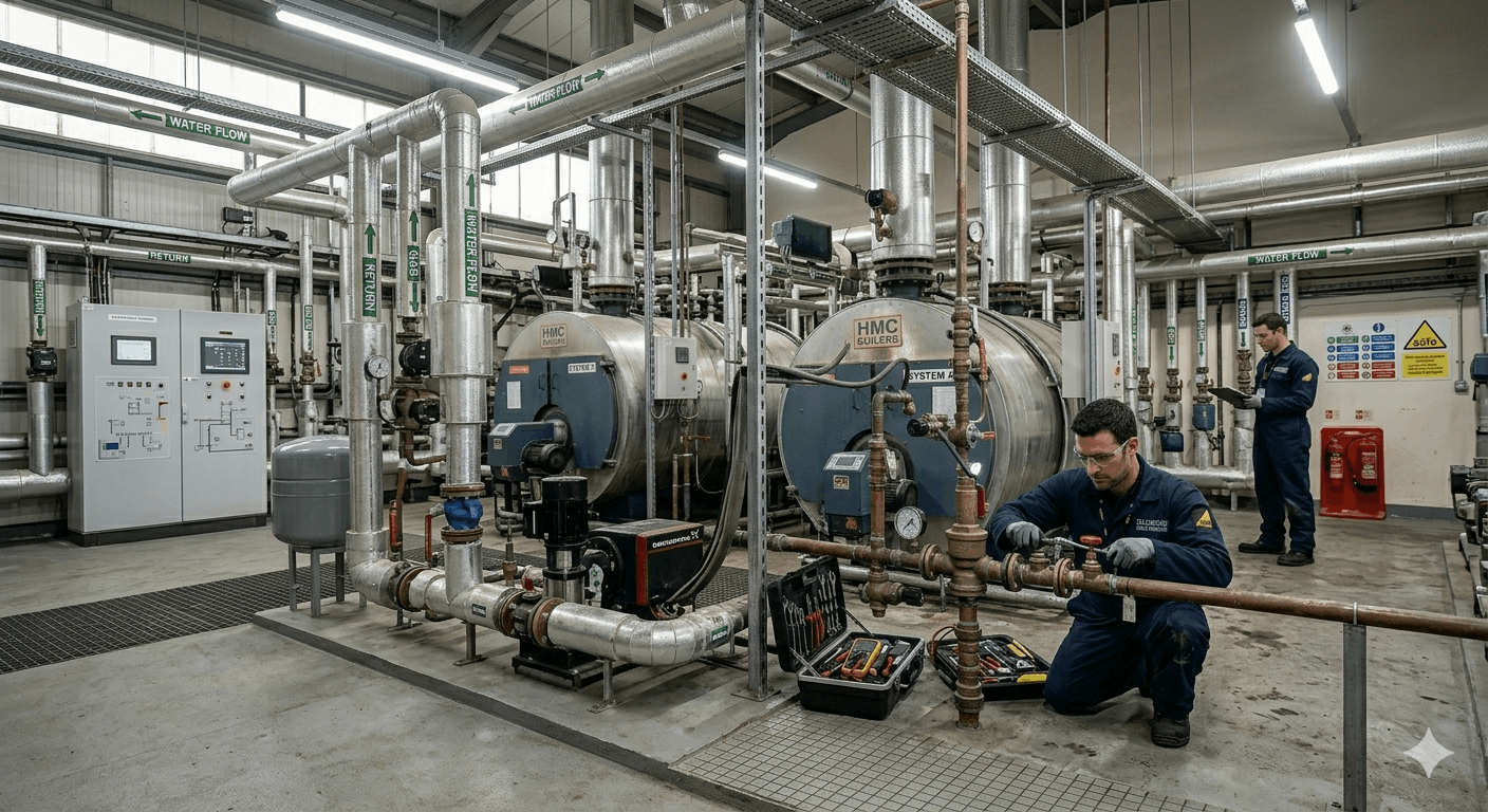 Commercial plant room with multiple boiler systems maintained by Anglian PHE Ltd in Colchester