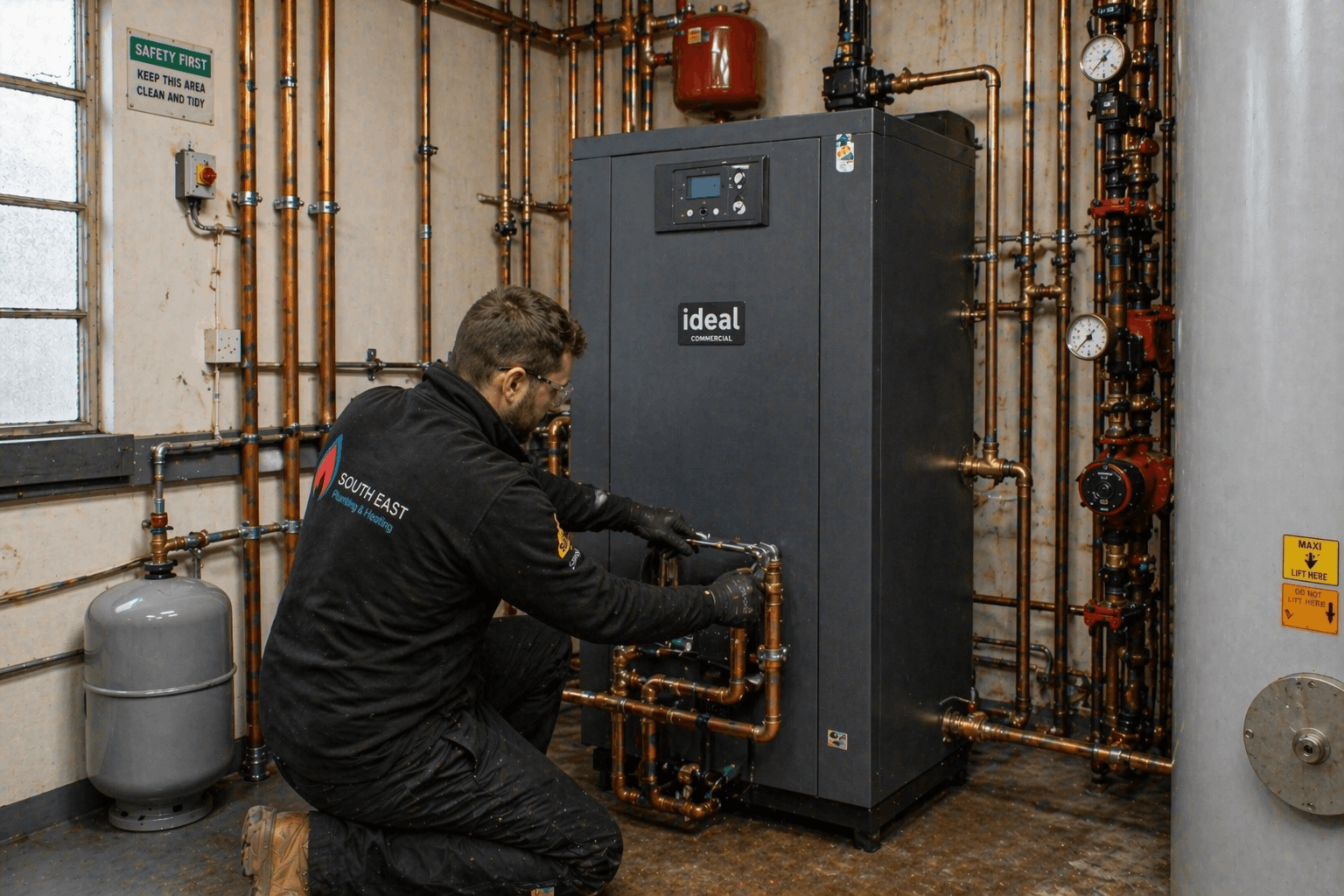 Professional commercial boiler installation in progress at Bury St Edmunds commercial property