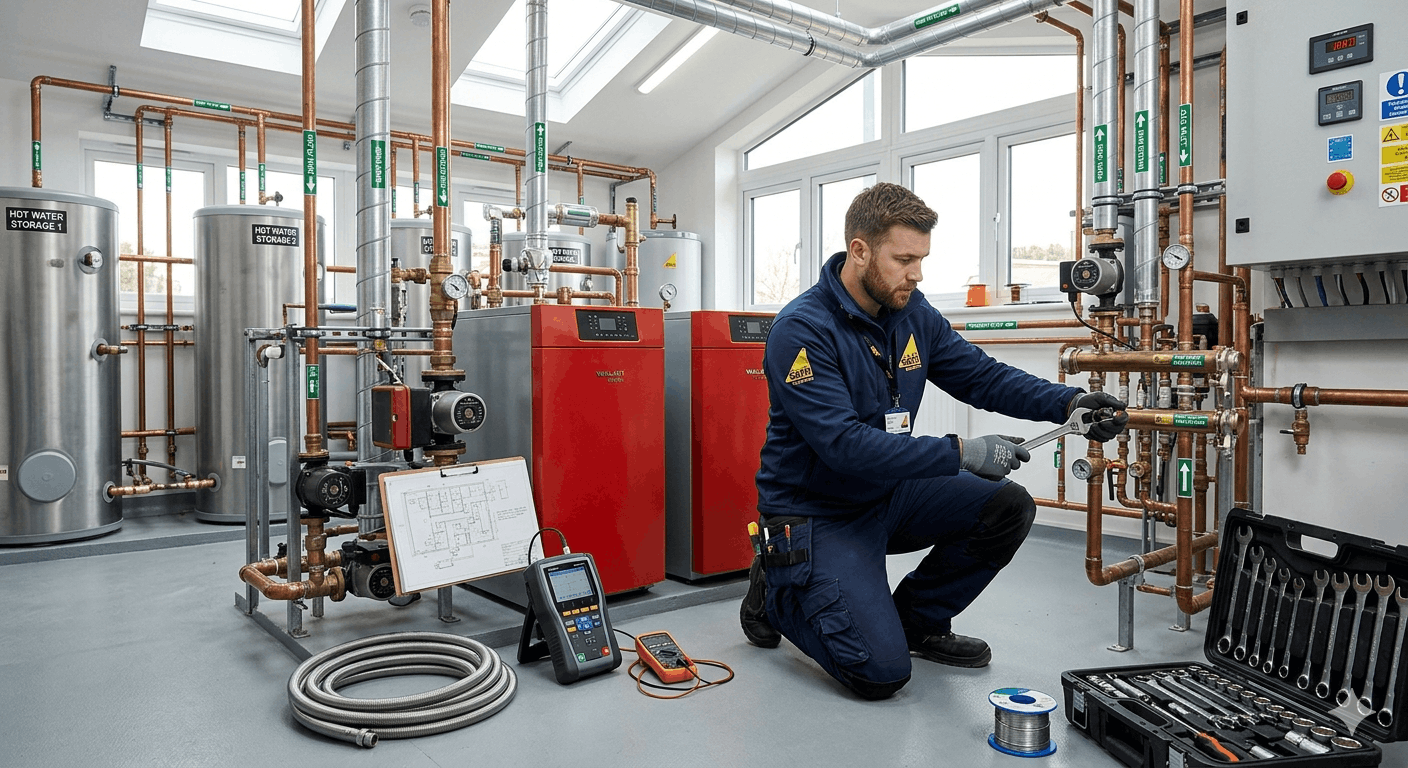 Complete commercial hot water system installation showing cylinders and pipework at Saffron Walden premises