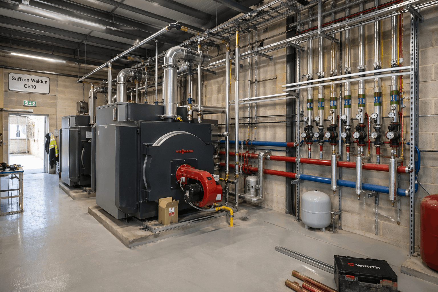 Large commercial heating plant installation in Saffron Walden industrial facility showing multi-boiler system