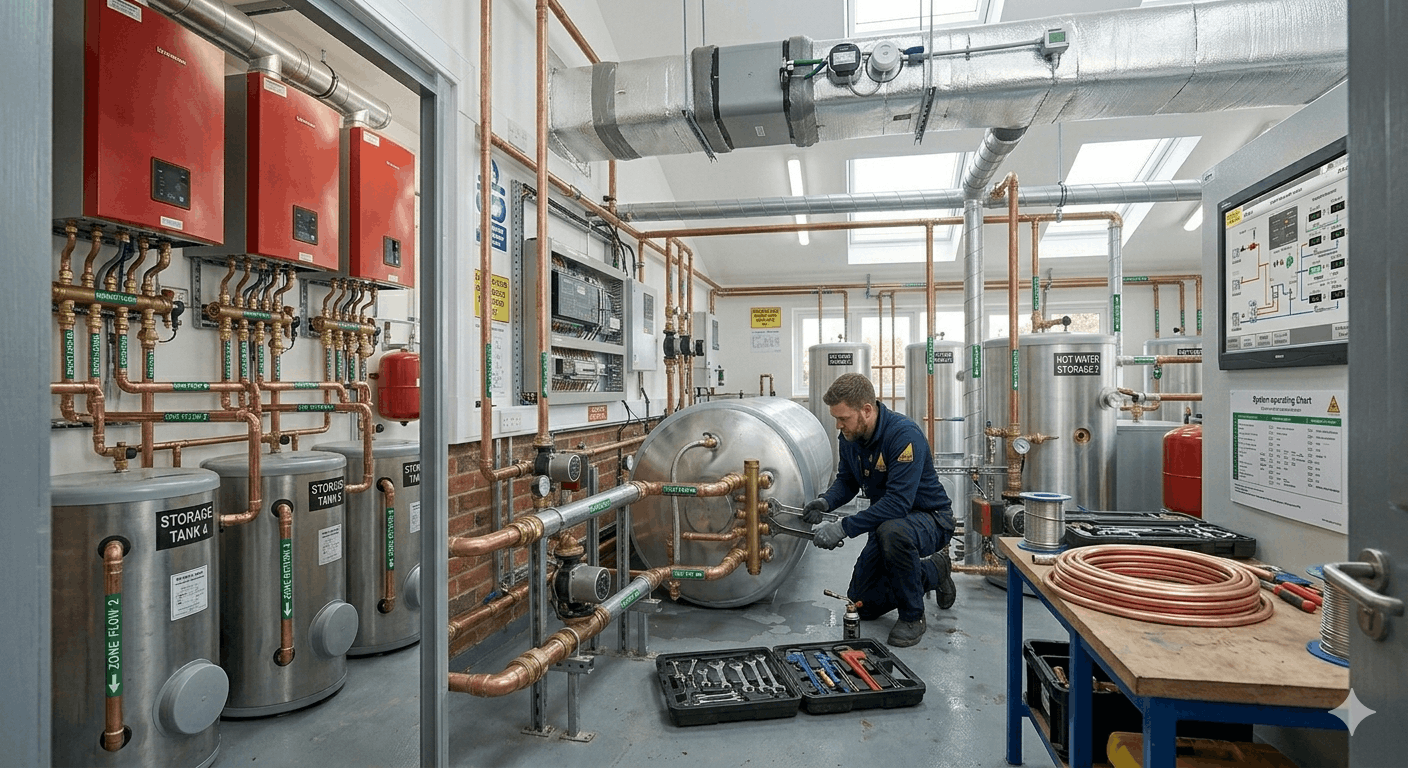 Commercial plant room layout with hot water cylinders and heating equipment in Saffron Walden building