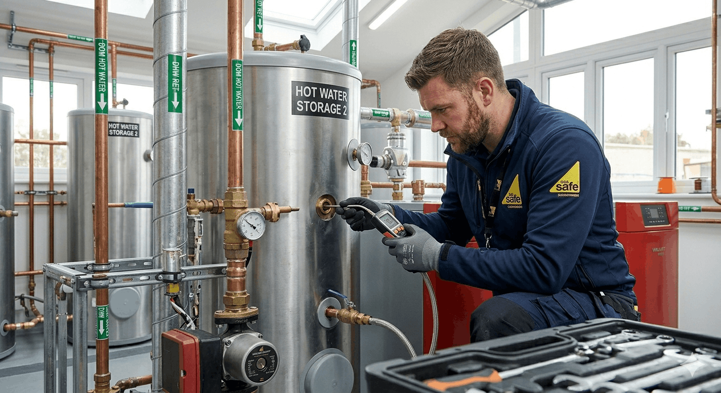 Engineer conducting system review and temperature testing on commercial hot water tank in Saffron Walden