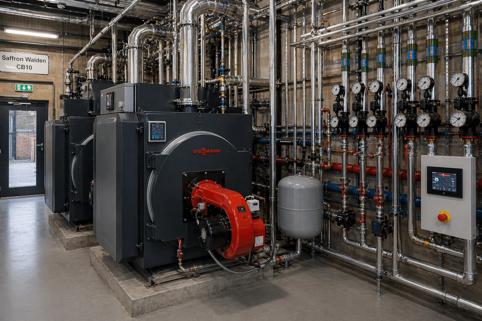 Newly installed commercial boiler system in Saffron Walden showing professional installation and pipework