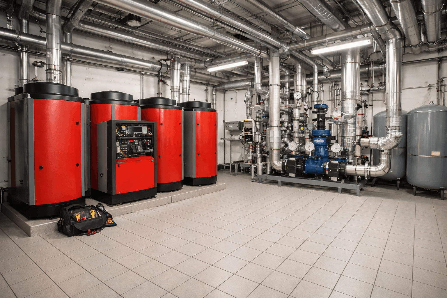 Well-maintained commercial plant room layout showing professional boiler installation in Saffron Walden facility
