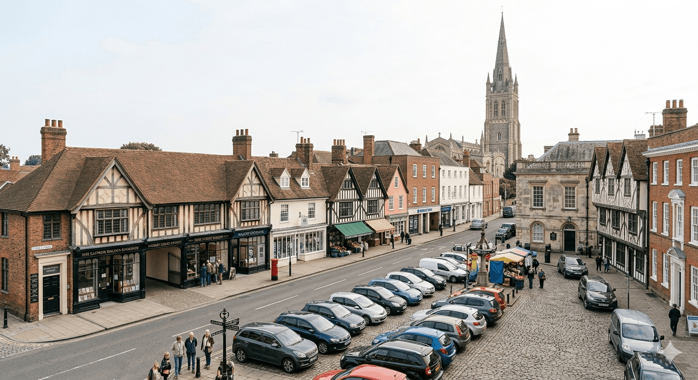 Saffron Walden town centre commercial area showing historic buildings requiring specialist hot water services