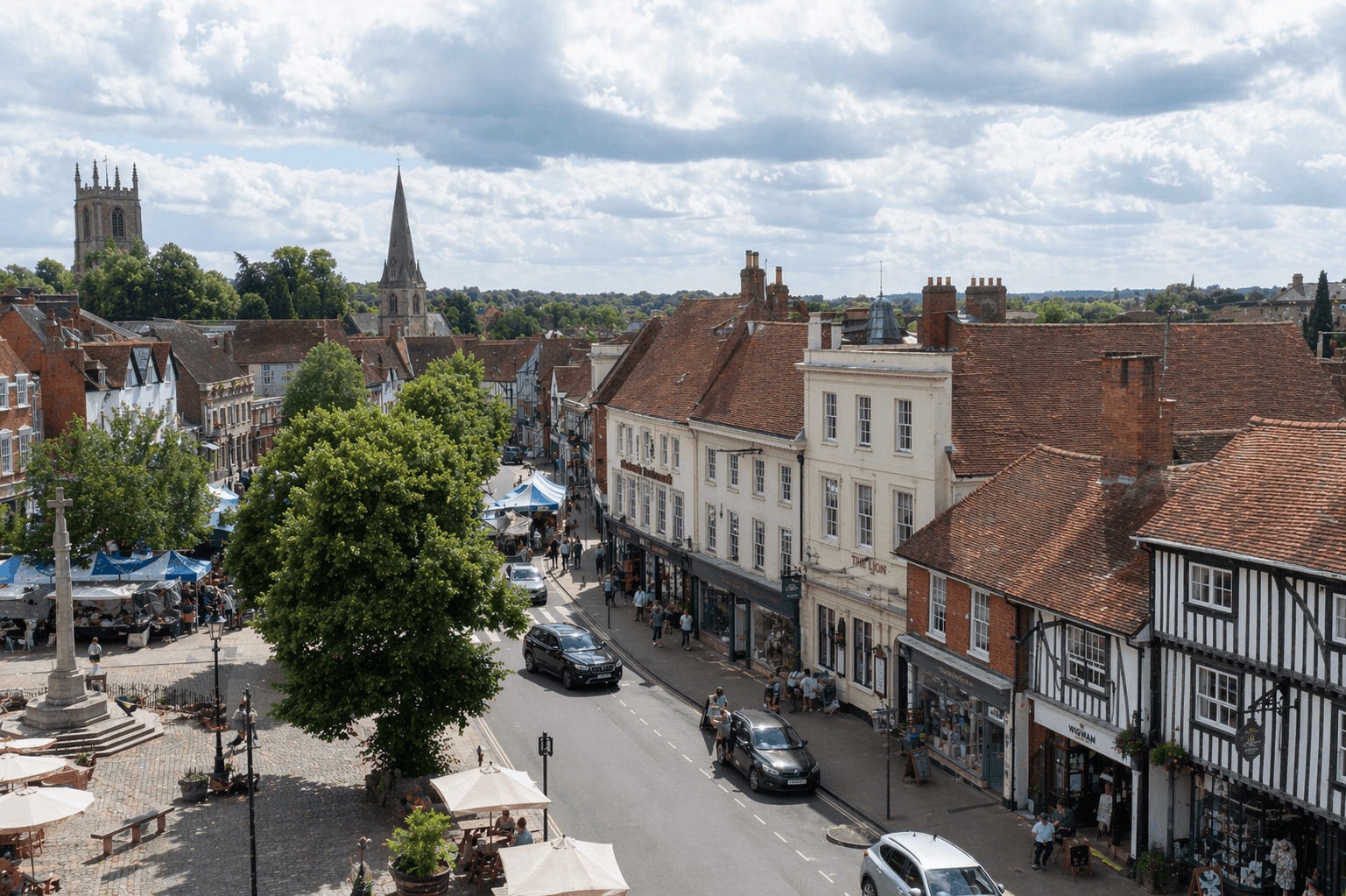 Saffron Walden town centre commercial area showing typical business properties served by Anglian PHE heating services
