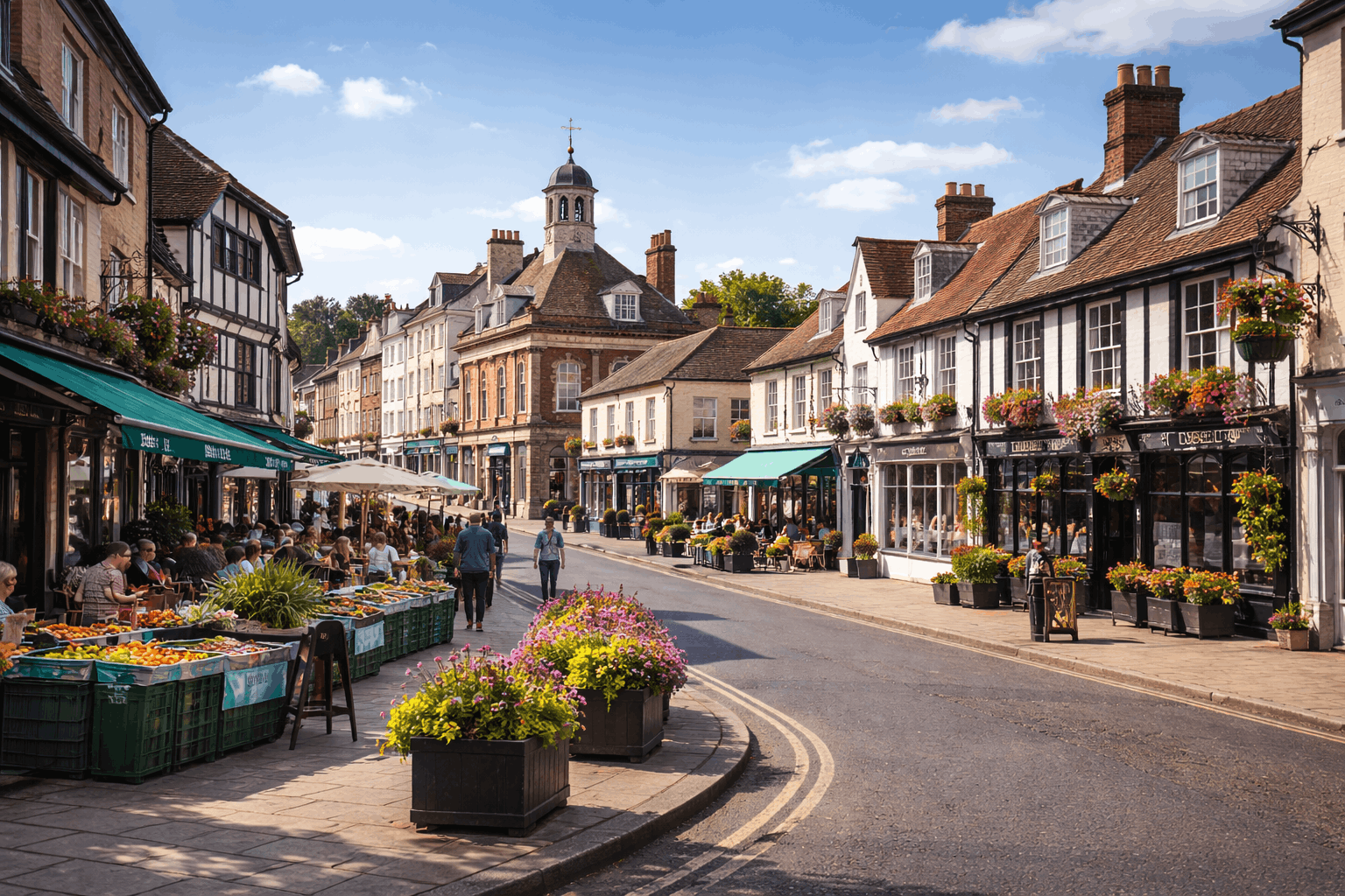 Saffron Walden town viewpoint showing mix of commercial and historic properties served by Anglian PHE Ltd