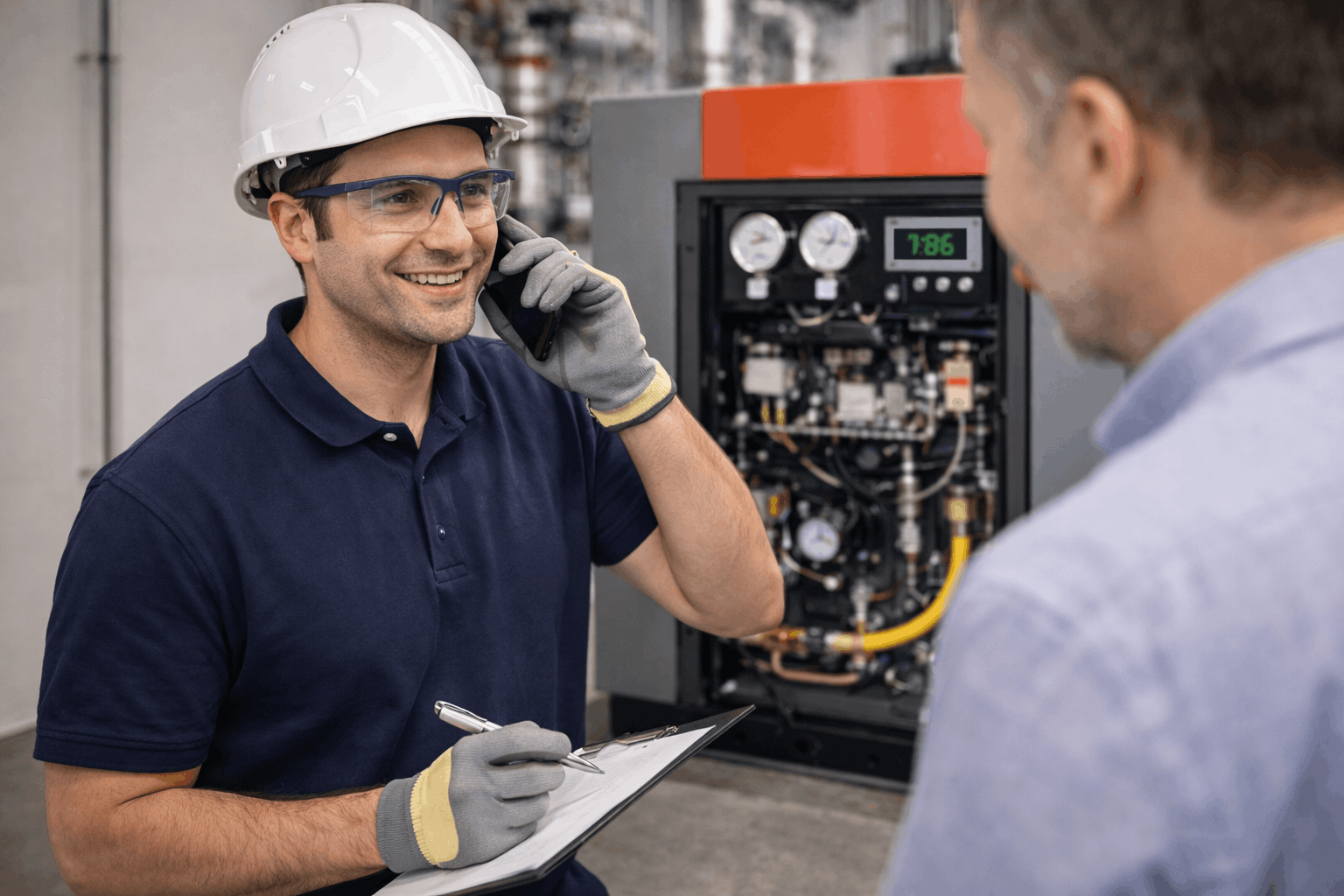 Customer service engineer providing technical support for commercial boiler repair in Bury St Edmunds