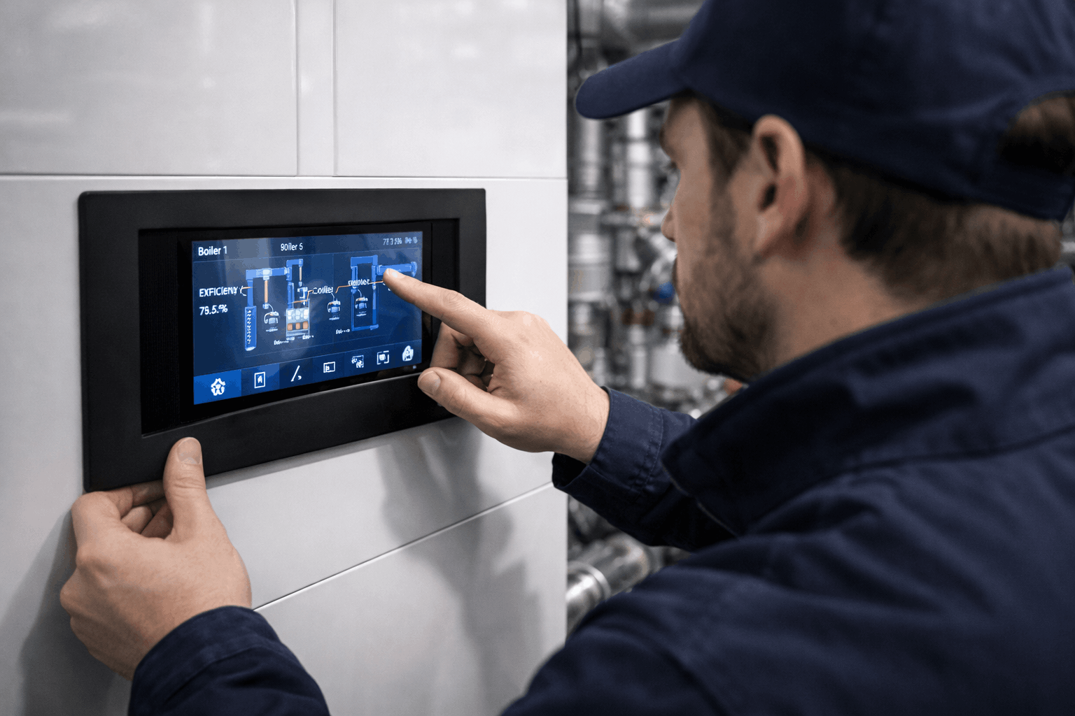 Modern smart boiler control panel being configured during commercial heating system upgrade in Haverhill